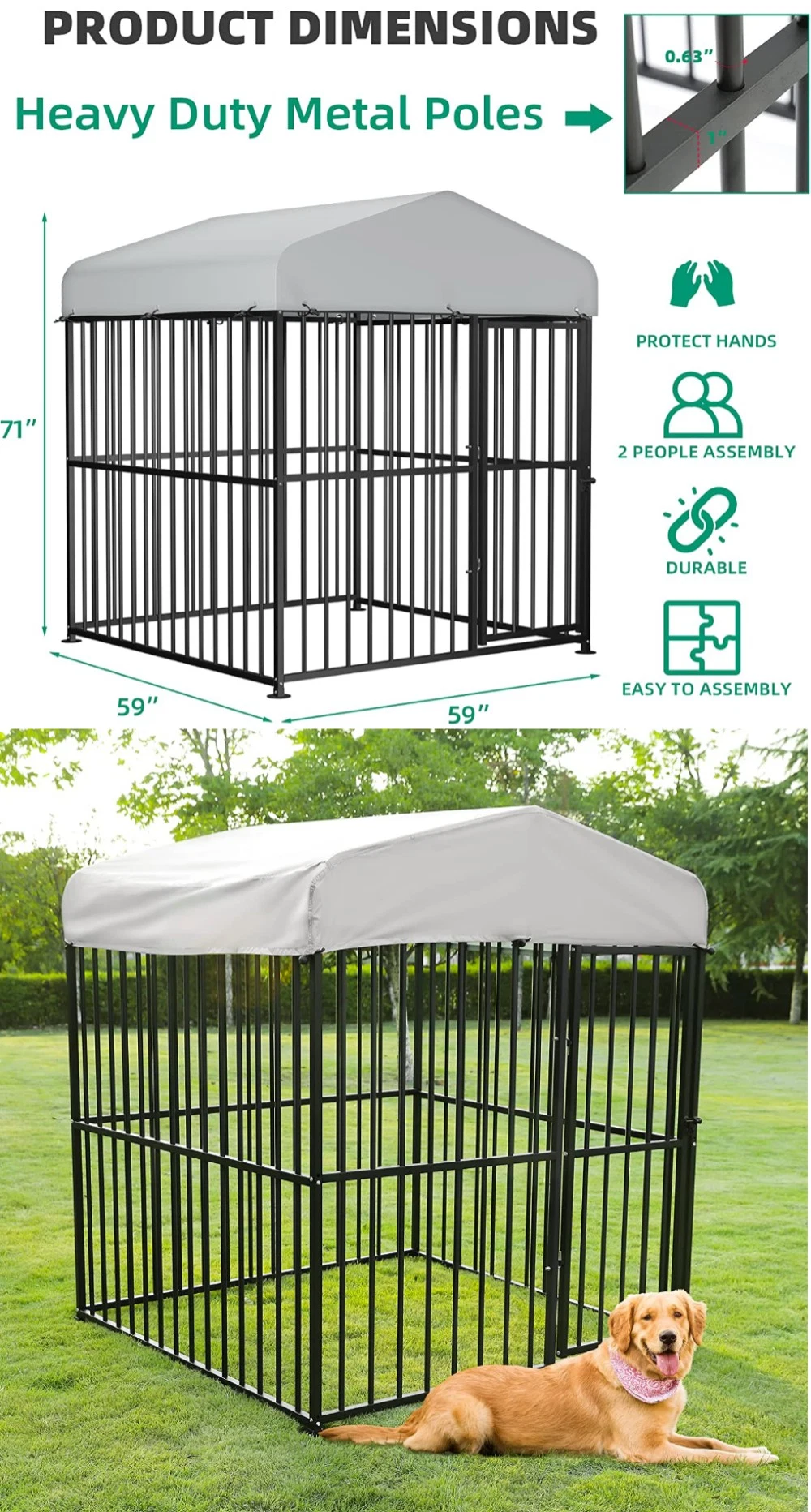 Heavy Duty Metal Frame Outside Pen Playpen Dog Run House with UV & Waterproof Cover and Secure Lock for Large to Small